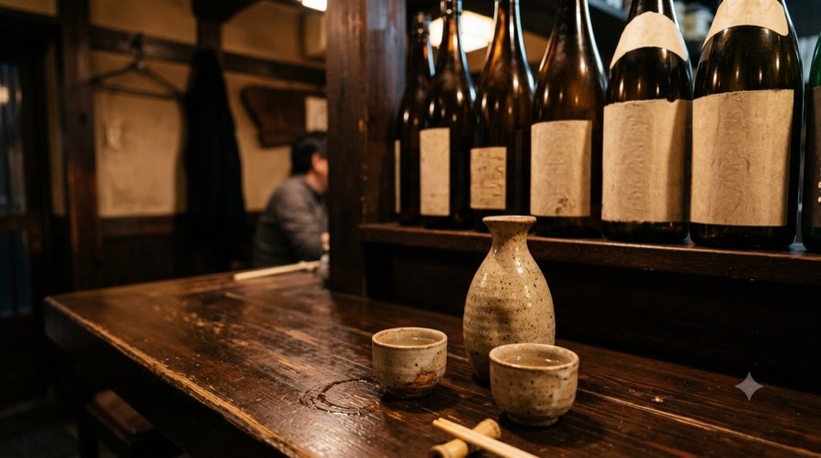 カウンターに置かれたとっくりと猪口